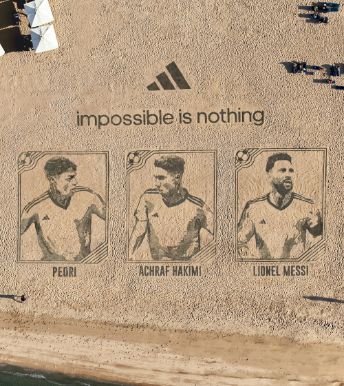  ADIDAS TAKES OVER 974 BEACH CLUB WITH AERIAL ARTWORK OF MESSI, PEDRI, HAKIMI